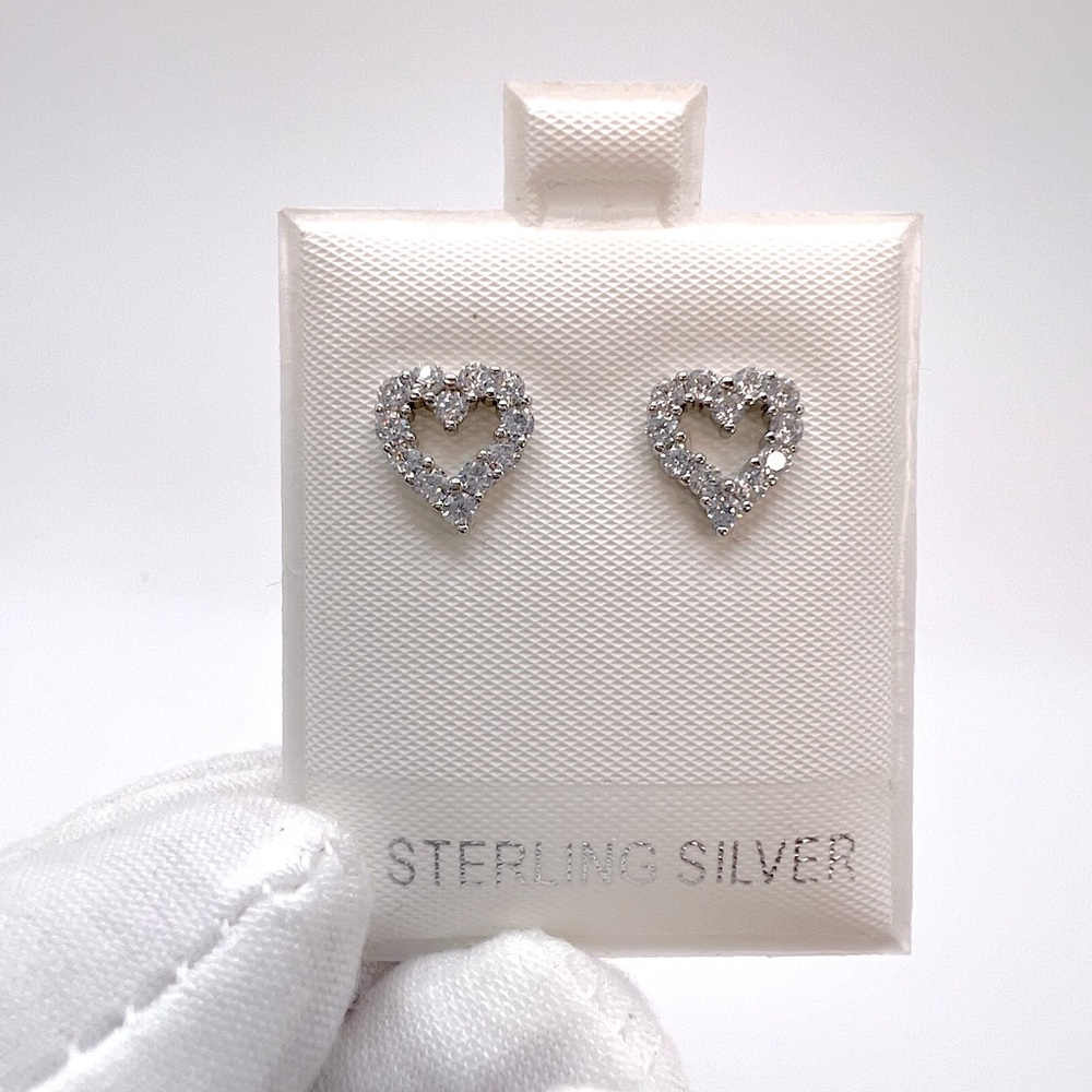 .925 Sterling Silver Open Heart Clear Cz Earrings - Picture 3 of 14